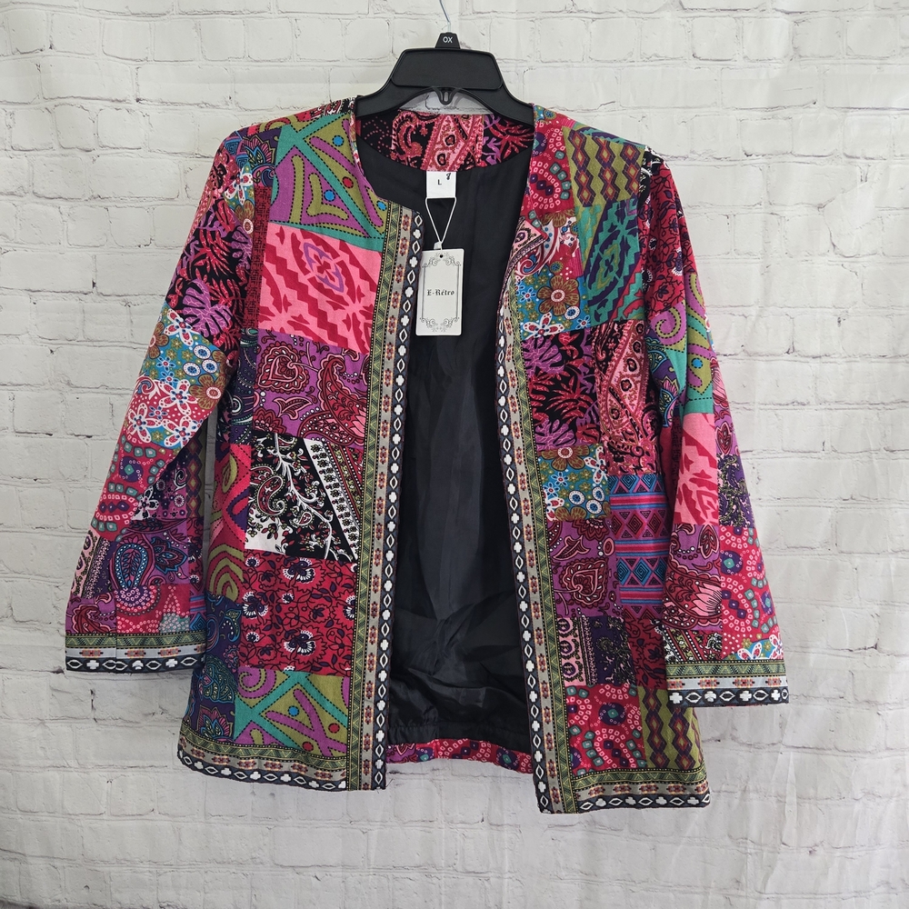 E-Retro Patchwork Paisley Jacket Sz L Boho WhimsiGoth Mature ArtToWear Lagenlook